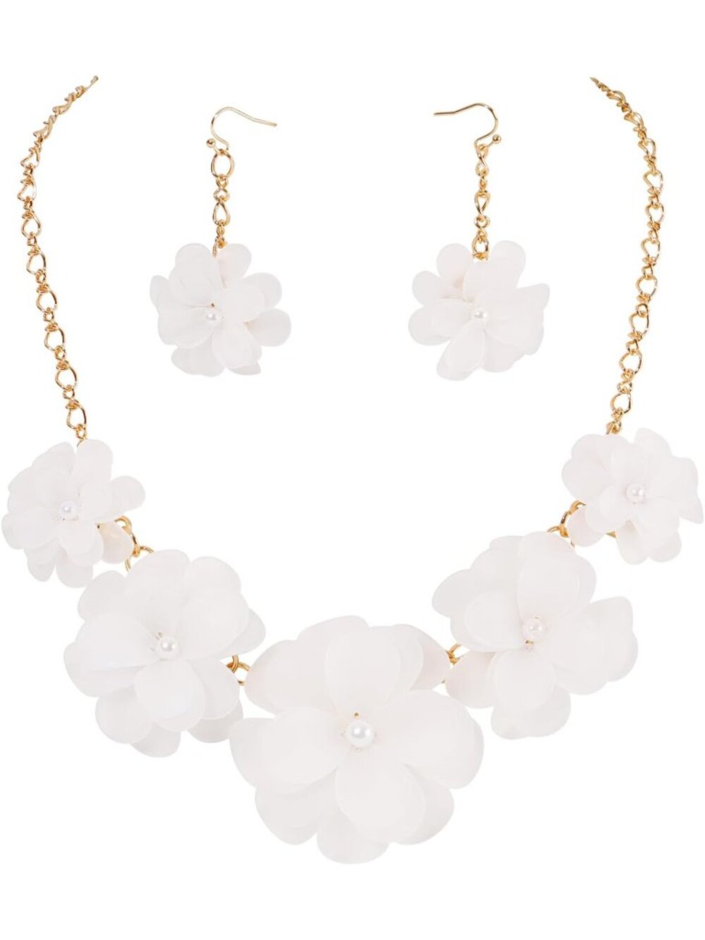 Women's White Acrylic Flower Choker Necklace Earrings Set Boho Summer Jewelry
